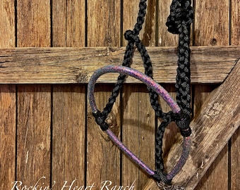 Black with Turquoise/Purple Iridescent Glitter Lariat Rope Nose Muletape Halter with Matching 8’ Lead Rope