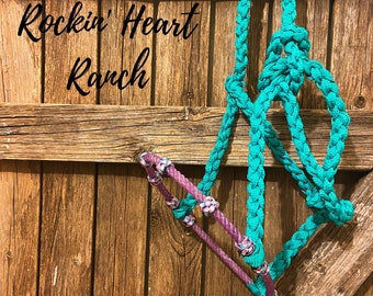 Turquoise and Purple Lariat Rope Nose Muletape Halter with Matching 8’ Lead Rope