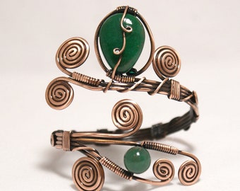 Wire Wrapped Copper Bracelet, Emerald Cuff Bracelet, Womens Copper Wire Bracelet, Wire Wrapped Handmade Jewelry, Wire Weave Copper Cuff