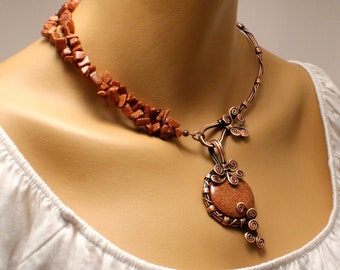 Goldstone Necklace, Copper Necklace For Women, Unique Necklaces For Women, Copper Jewelry, Copper Boho Wedding Necklace, Statement Necklace