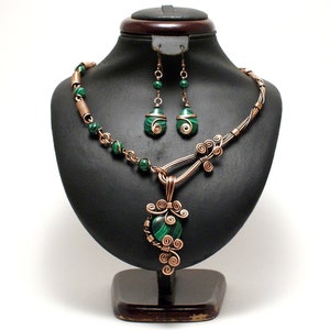 Boho Malachite Jewelry Set, Malachite Necklace and Earring set, Copper Jewelry Set, Unique Jewelry For Women, Genuine Malachite Necklace Set