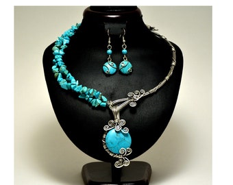 Turquoise Necklace Earrings Set, Turquoise Jewelry Set, Turquoise Gemstone Silver Jewelry Set, Handmade Boho Jewelry, Wire Wrapped Jewelry