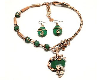 Copper Anniversary Gift For Women, Emerald Jewelry Set, Unique Gifts For Women, Green Stone Necklace Earring Set, Copper Jewelry