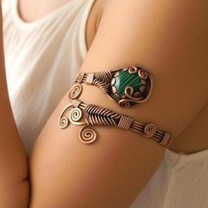Handmade Copper Malachite Arm Cuff, Boho Adjustable Armlet Bracelet