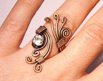 copper ring, copper wire with white crystal stone ring, copper jewelry , wire wrapped jewelry handmade