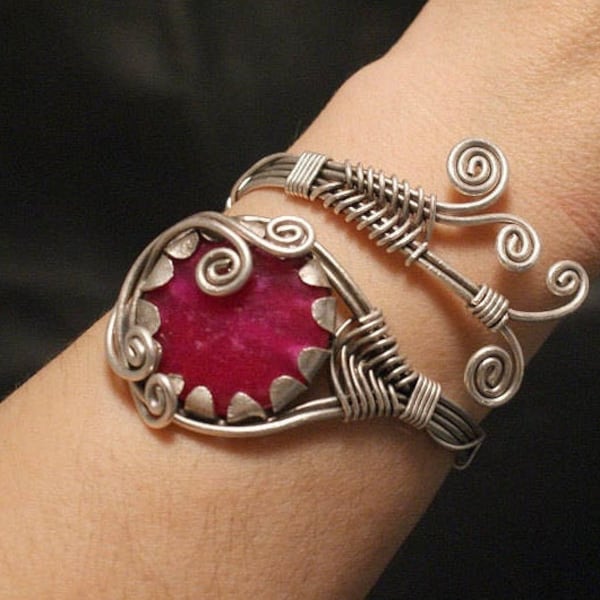 Ruby Bracelet Silver, Ruby Cuff Bracelet, Ruby Jewelry, Wire Wrapped Jewelry, Wire Wrapped Bracelet, Open Adjustable Bracelet