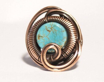 Turquoise Ring, Copper Wire With Turquoise Stone Ring, Wire Wrapped Jewelry Handmade, Copper Wire Jewelry, Wire Wrapped Ring