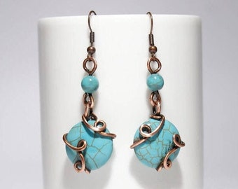 Turquoise Dangle Earrings, Blue Stone Earrings, Copper Earrings, Wire Wrapped Jewelry Handmade, Copper Jewelry, Boho Earrings