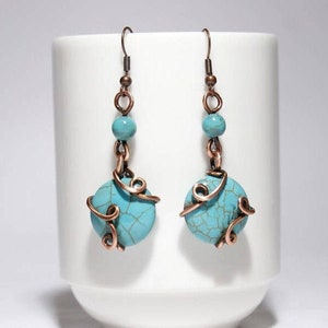 Turquoise Dangle Earrings, Blue Turquoise Stone Earrings, Copper Earrings, Wire Wrapped Jewelry Handmade, Copper Jewelry, Boho Earrings