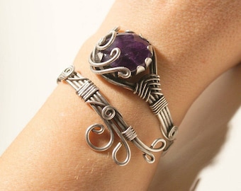 amethyst cuff bracelet, amethyst bracelet, amethyst jewelry, wire wrapped jewelry, adjustable bracelet, silver cuff bracelet women