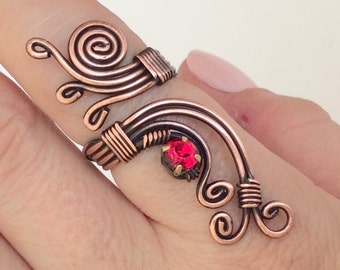 wire wrapped ring, copper wire with red crystal stone ring, wire wrapped jewelry handmade, copper wire jewelry