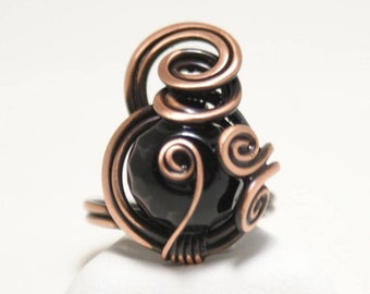 Black Onyx Ring, Copper Ring, Copper Jewelry, 7th Anniversary Gift For Wife, Wire Wrapped Ring, Black Ring, Black Stone Ring, Gift For Her,