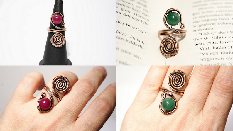 Wire wrapped ring adjustable wire wrapped copper ring green jade ring copper jewelry copper ring wire wrapped jewelry handmade ring