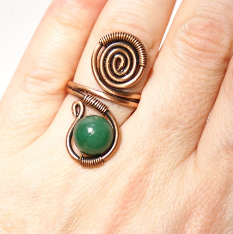 Wire wrapped ring adjustable wire wrapped copper ring green jade ring copper jewelry copper ring wire wrapped jewelry handmade ring