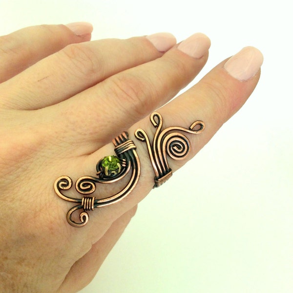 copper wire with green crystal stone ring wire wrapped jewelry handmade copper wire jewelry