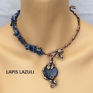 unique necklaces for women, lapis lazuli necklace, lapis lazuli jewelry, copper boho wedding necklace, statement necklace