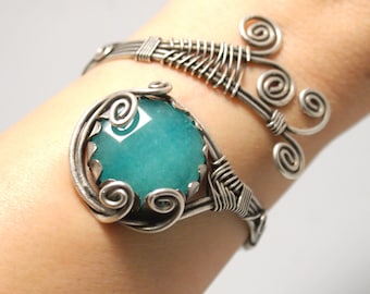Aquamarine Bracelet, Aquamarine Cuff Bracelet, Aquamarine Bangle, Silver Cuff Bracelet Women, Gemstone Bracelet, Wire Wrapped Jewelry