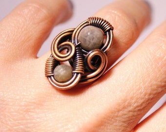 Bague labradorite, bague en cuivre pour femme, bague réglable, bijoux en cuivre, bijoux emballés dans du fil, bague faite main, bague en pierre enveloppée, bague bohème