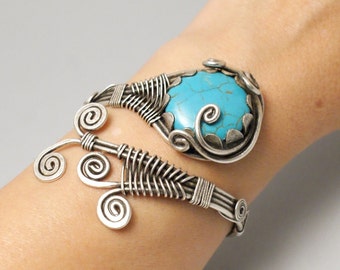 Silver Turquoise Bracelet, Turquoise Cuff Bracelet, Wire Wrapped Jewelry, Unique Bracelet For Women, Unique Gifts For Women, Blue Bracelet