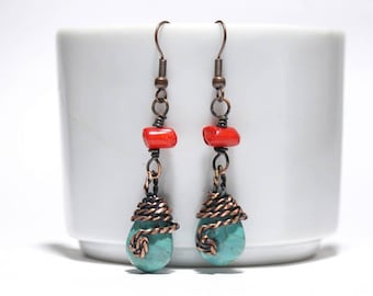 unique gifts for women, turquoise and coral earring, turquoise jewelry, copper wire jewelry handmade, wire wrapped earrings,  wire jewelry