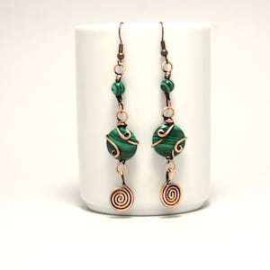 Green Malachite Antique Copper Dangle Earrings, Malachite Earrings, Copper Dangle Earrings, Copper Wire Wrapped Earrings,  Copper Jewelry