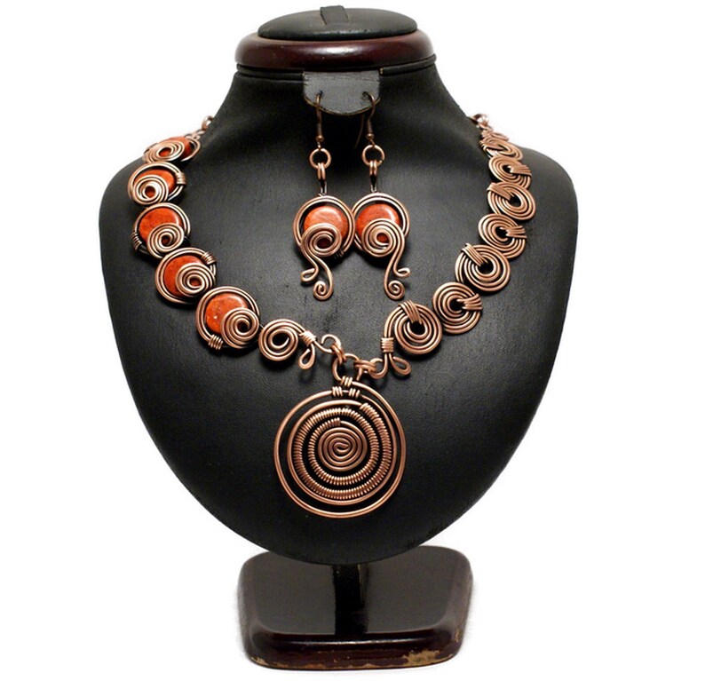 Red Coral Jewelry Set Copper Jewelry Set Wire Wrapped Etsy