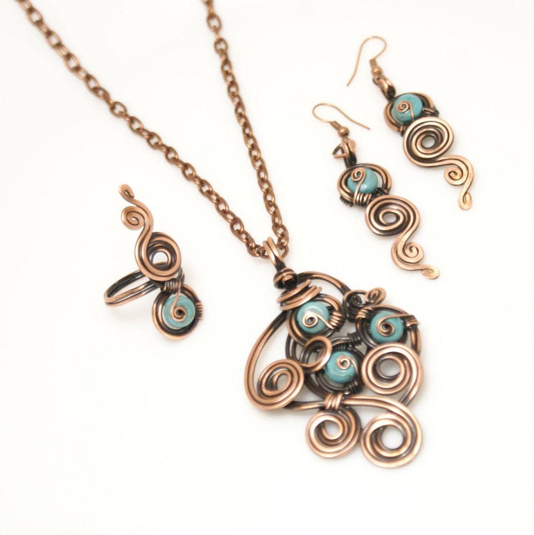 Turquoise Jewelry Set Wire Wrapped Jewelry Copper Jewelry Etsy