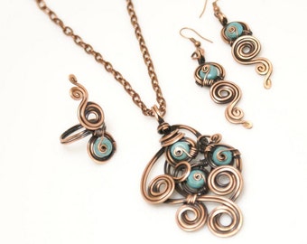Turquoise Jewelry Set, Wire Wrapped Jewelry, Copper Jewelry, Turquoise Jewelry, Turquoise Necklace, Copper Wire Wrapped Jewelry, Gift Womens