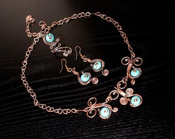 Turquoise Jewelry, Copper Jewelry Set, Turquoise Jewelry Set, Earring Ring Necklace, Wire Wrapped Jewelry Handmade, Unique Jewelry For Women