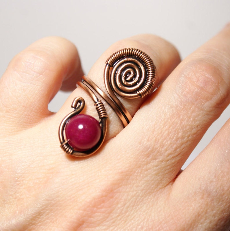 Wire wrapped ring adjustable wire wrapped copper ring green jade ring copper jewelry copper ring wire wrapped jewelry handmade ring