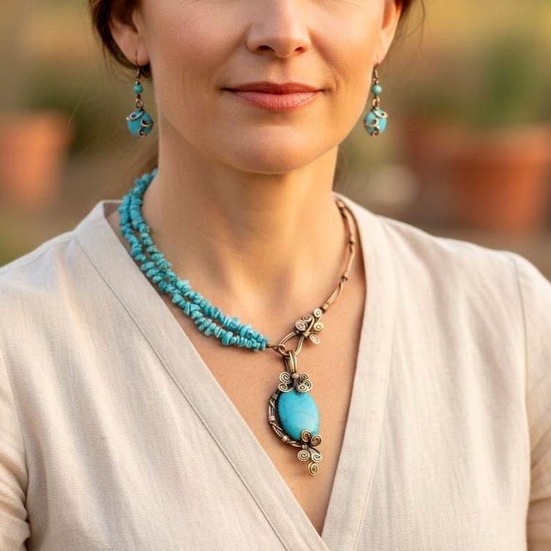 Turquoise Statement Necklace, Copper Aniiversary Gift For Wife