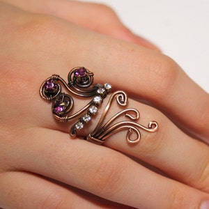 copper with purple and white crystal ring adjustable wire wrapped jewelry handmade