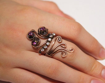 copper with purple and white crystal ring adjustable wire wrapped jewelry handmade