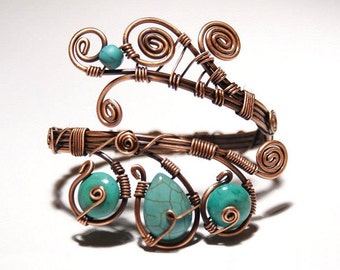 Copper Turquoise Cuff Bracelet: Wire Wrapped Gemstone Bangle