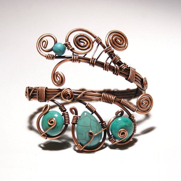 Copper Turquoise Cuff Bracelet: Wire Wrapped Gemstone Bangle