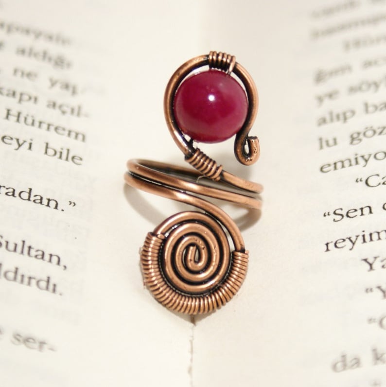 Wire wrapped ring adjustable wire wrapped copper ring green jade ring copper jewelry copper ring wire wrapped jewelry handmade ring