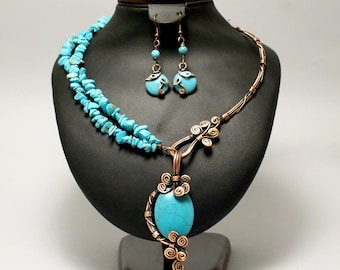 Turquoise Jewelry Set, Boho Turquoise Jewelry, 7th Anniversary Gift For Women, Wire Wrapped jewelry, Bohemian Turquoise and Copper Jewelry