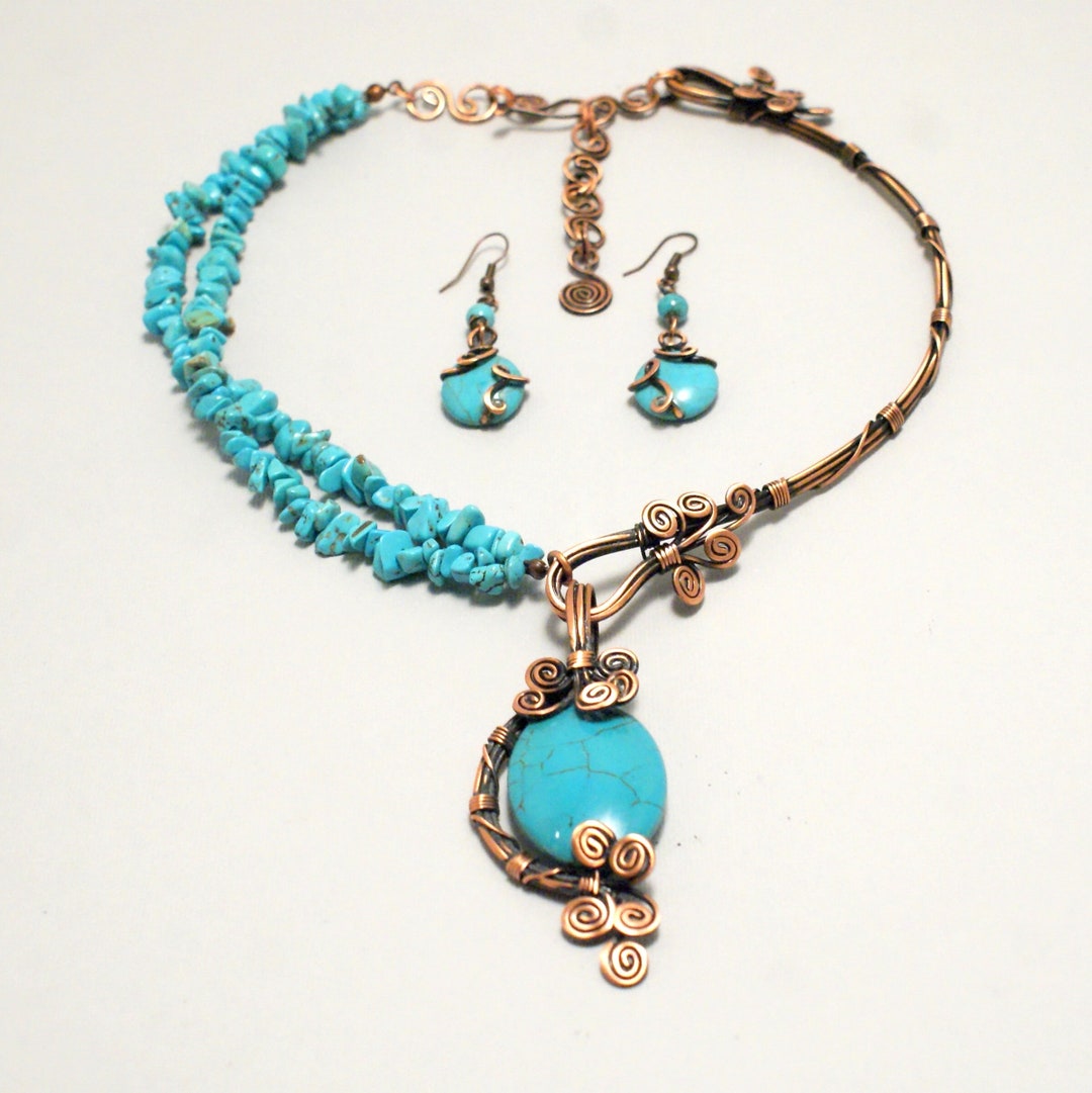 Boho Turquoise Jewelry Set, Turquoise Necklace and Earring Set, Copper ...