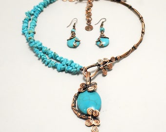 Boho Turquoise Jewelry Set, Turquoise Necklace and Earring set, Copper Jewelry Set, Unique Jewelry For Women, Genuine Turquoise Necklace Set