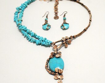 Boho Turquoise Jewelry Set, Turquoise Necklace and Earring Set