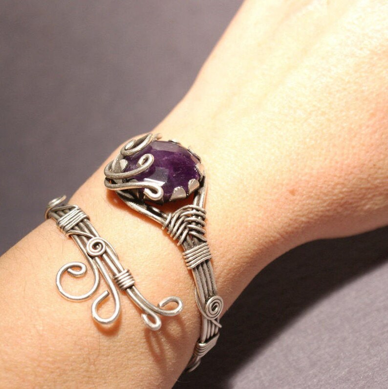 amethyst cuff bracelet, amethyst bracelet, amethyst jewelry, wire wrapped jewelry, adjustable bracelet, silver cuff bracelet women image 4