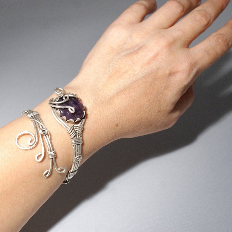 amethyst cuff bracelet, amethyst bracelet, amethyst jewelry, wire wrapped jewelry, adjustable bracelet, silver cuff bracelet women image 6