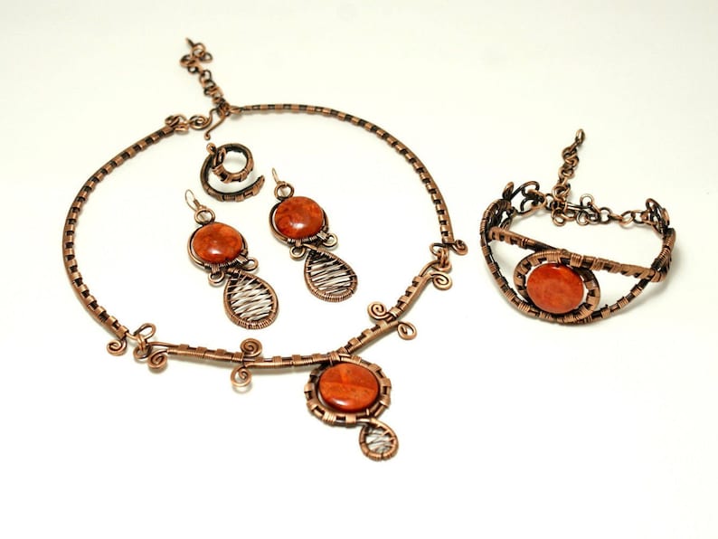 Copper Jewelry Set, Coral Jewelry Set, Wire Wrapped Jewelry, 7th Anniversary, Copper Anniversary Gift For Women, Unique Jewelry For Women image 2