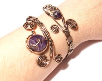 Amethyst Copper Bracelet Women, Amethyst Cuff Bracelet, Purple Stone Bracelet, Wire Wrapped Jewelry, 7th Anniversay Gift For Women