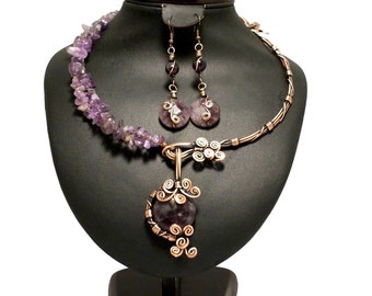 Amethyst Necklace and Earrings, Amethyst Jewelry Set, Copper Jewelry Set, Wire Wrapped Jewelry, Unique Gifts For Women, Anniversary Gifts