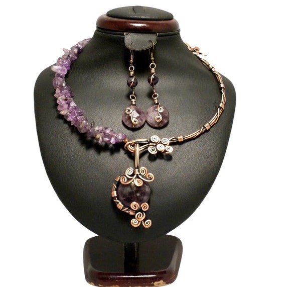 Amethyst Necklace and Earrings, Amethyst Jewelry Set, Copper Jewelry Set, Wire Wrapped Jewelry, Unique Gifts For Women, Anniversary Gifts