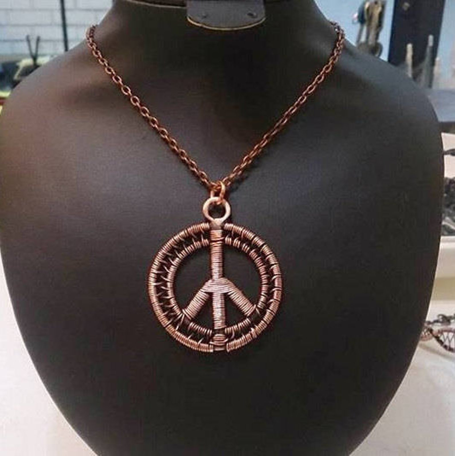 Copper Peace Pendant Necklace Peace Sign Necklace Long | Etsy