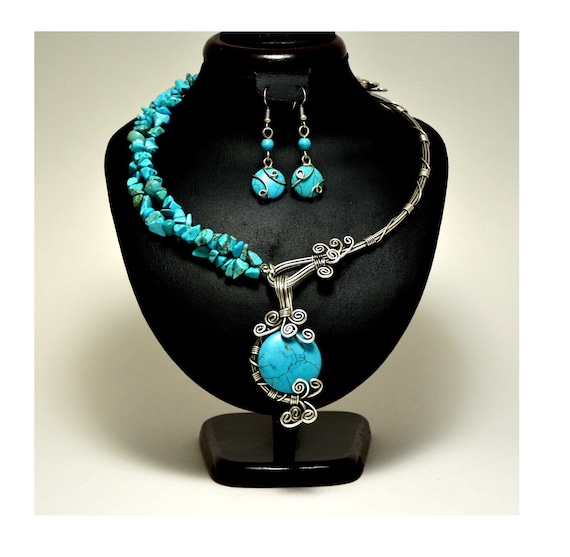 Turquoise Necklace Earrings Set, Turquoise Jewelry Set, Turquoise Gemstone Silver Jewelry Set, Handmade Boho Jewelry, Wire Wrapped Jewelry