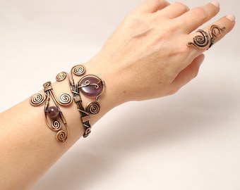 Bracelet en cuivre améthyste pour femme, bracelet manchette en améthyste, bracelet en pierre violette, bijoux emballés dans un fil métallique, cadeau 7e anniversaire pour femme