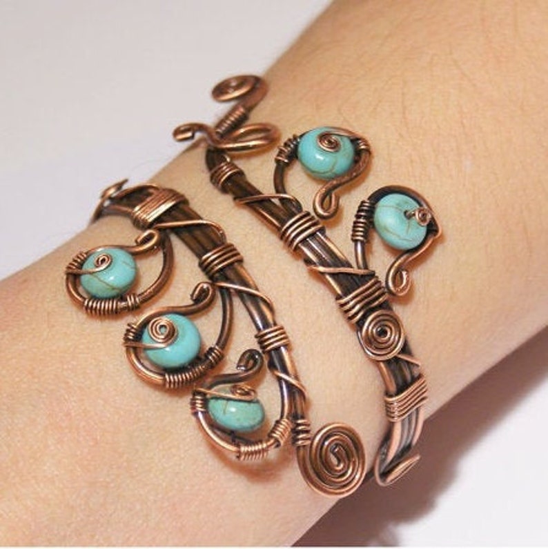 Turquoise Bracelet For Women, Turquoise Cuff Bracelet, Turquoise Bangle, Blue Turquoise Jewelry, Copper Wire Wrapped Jewelry image 2